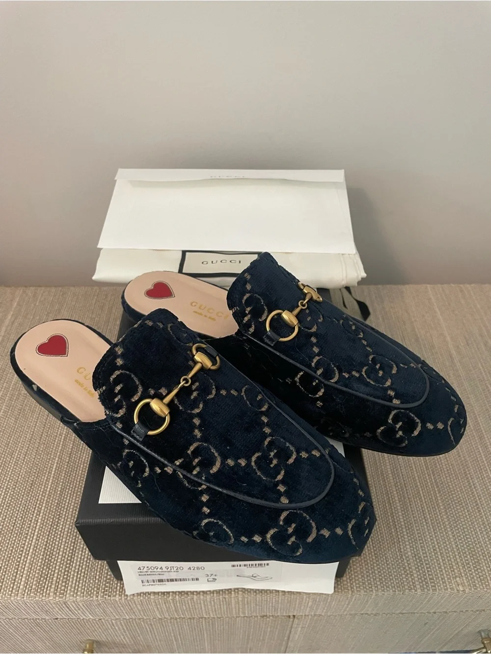 Gucci Navy and Beige Velvet GG Princeton Mule Loafer